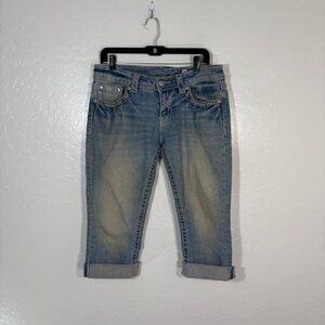 Miss Me Jeans Womens 30 Blue Signature Cuffed Capri Denim Embroidered Rhinestone
